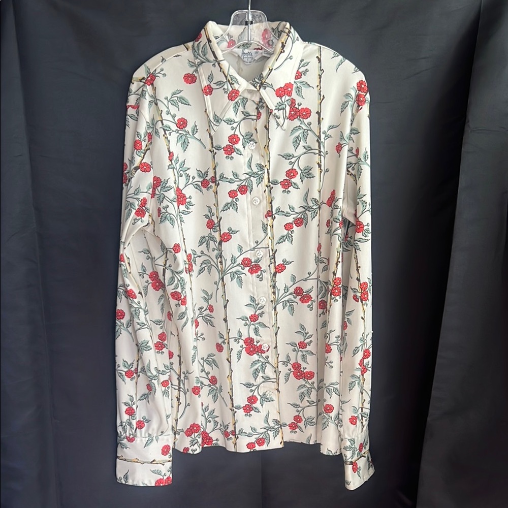 White and Red Casual Button Down Shirt with Floral Pattern